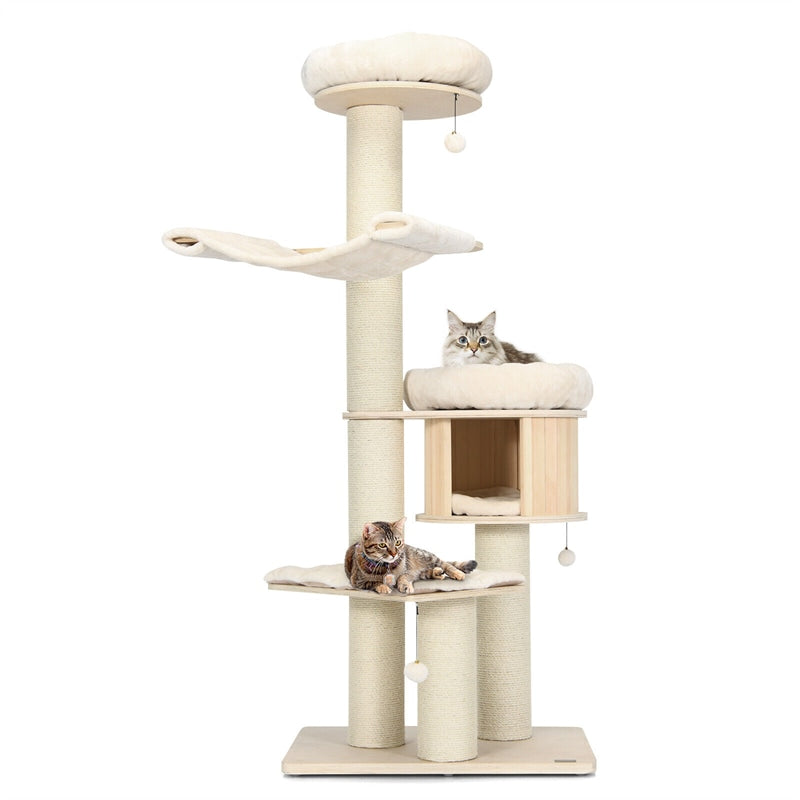 68.5" Tall Cat Tree Large Wooden 4-Level Modern Cat Tree Tower Condo with Sisal Posts & Cushioned Hammock for Kitten Activity