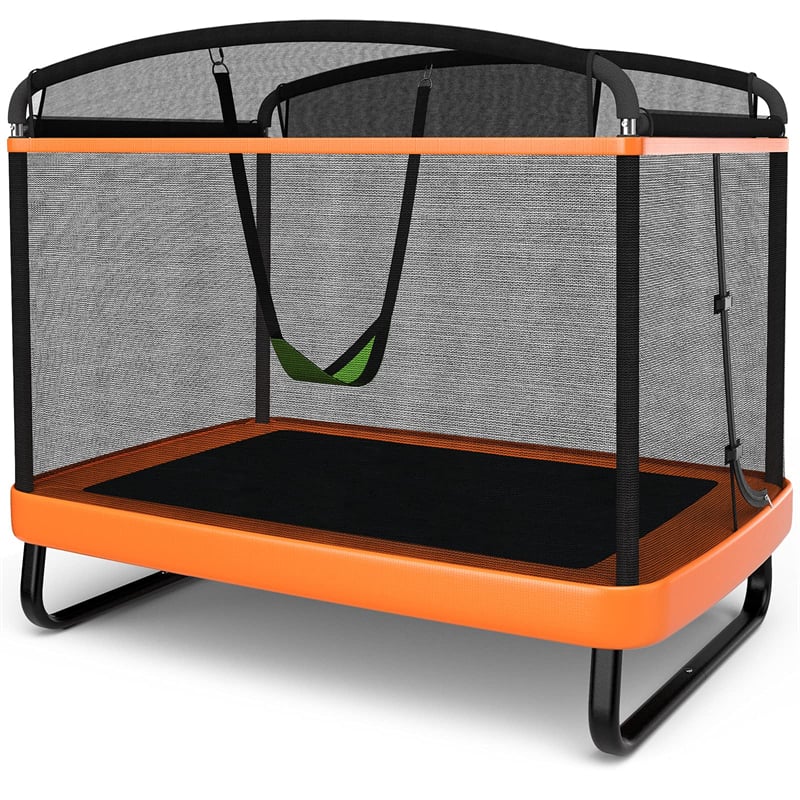 6FT Kids Trampoline with Swing & Safety Enclosure Net, ASTM Approved Toddler Small Trampoline Outdoor Indoor Rectangle Recreational Trampoline