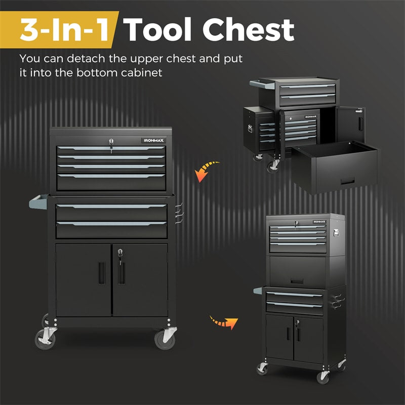 6 Drawer Rolling Tool Chest 3-in-1 Extra Large Toolbox Storage Cabinet Heavy-Duty Tool Box Organizer with Middle Box & 4” Lockable Wheels