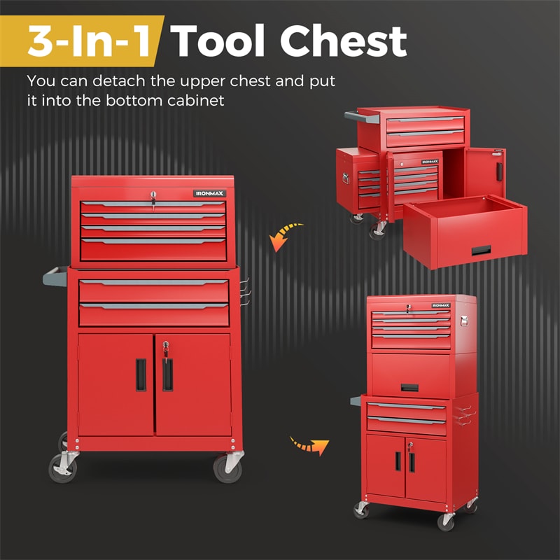 6 Drawer Rolling Tool Chest 3-in-1 Extra Large Toolbox Storage Cabinet Heavy-Duty Tool Box Organizer with Middle Box & 4” Lockable Universal Wheels