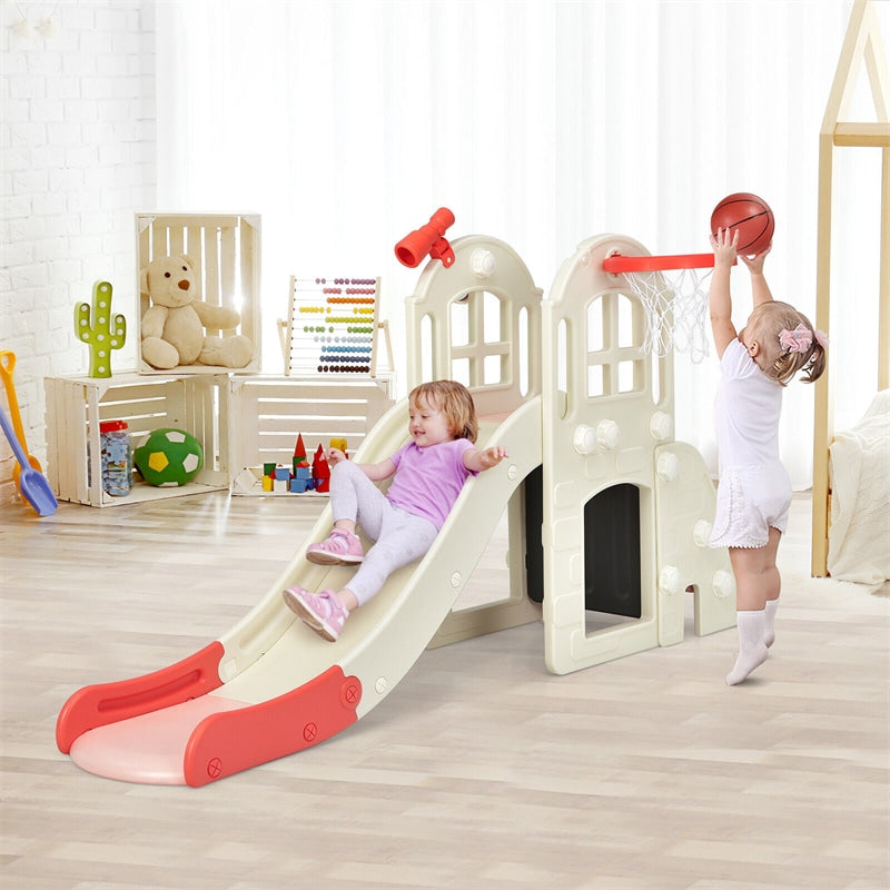 6-In-1 Large Slide for Kids Freestanding Toddler Climber Slide Playset with Basketball Hoop & Ring Toss