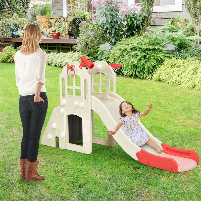 6-In-1 Large Slide for Kids Freestanding Toddler Climber Slide Playset with Basketball Hoop & Ring Toss