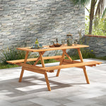6 Person Hardwood Picnic Table Set Rectangle Patio Table with 2 Built-in Benches & 2” Umbrella Hole
