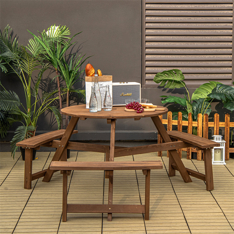 6 Person Wooden Picnic Table Bench Set Round Outdoor Table with 3 Built-in Benches & Umbrella Hole