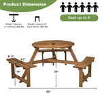 6 Person Wooden Picnic Table Bench Set Round Outdoor Table with 3 Built-in Benches & Umbrella Hole