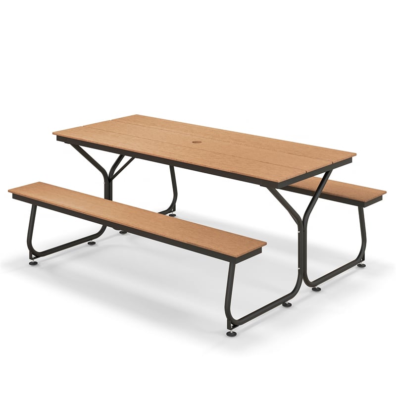 6FT Picnic Table Bench Set for 6-8 Person, Heavy-Duty Frame All-Weather HDPE Outdoor Table with Umbrella Hole & 2 Benches
