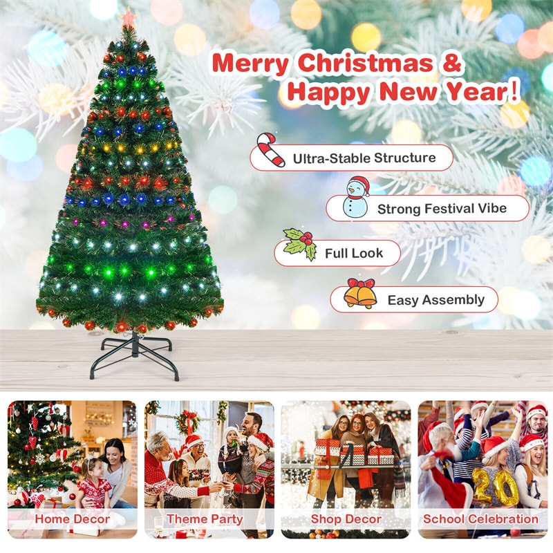 6FT Pre-Lit Fiber Optic Christmas Tree Full Artificial Xmas Tree with Colorful LED Lights, 8 Lighting Modes & Metal Stand