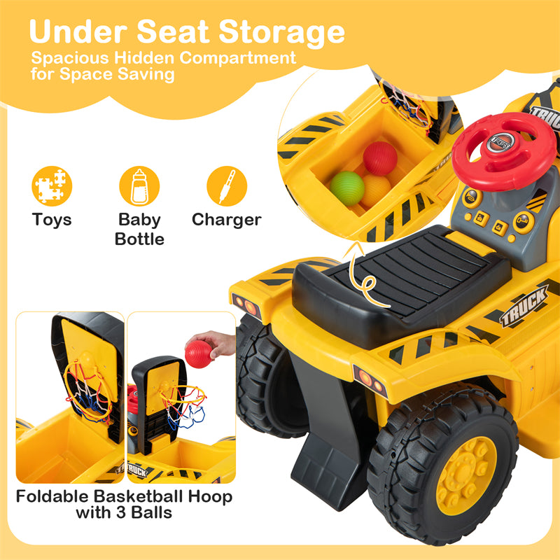 6V Battery Kids Ride On Excavator Toddler Bulldozer Digger Construction Vehicle with Folding Basketball Hoop & Underneath Storage