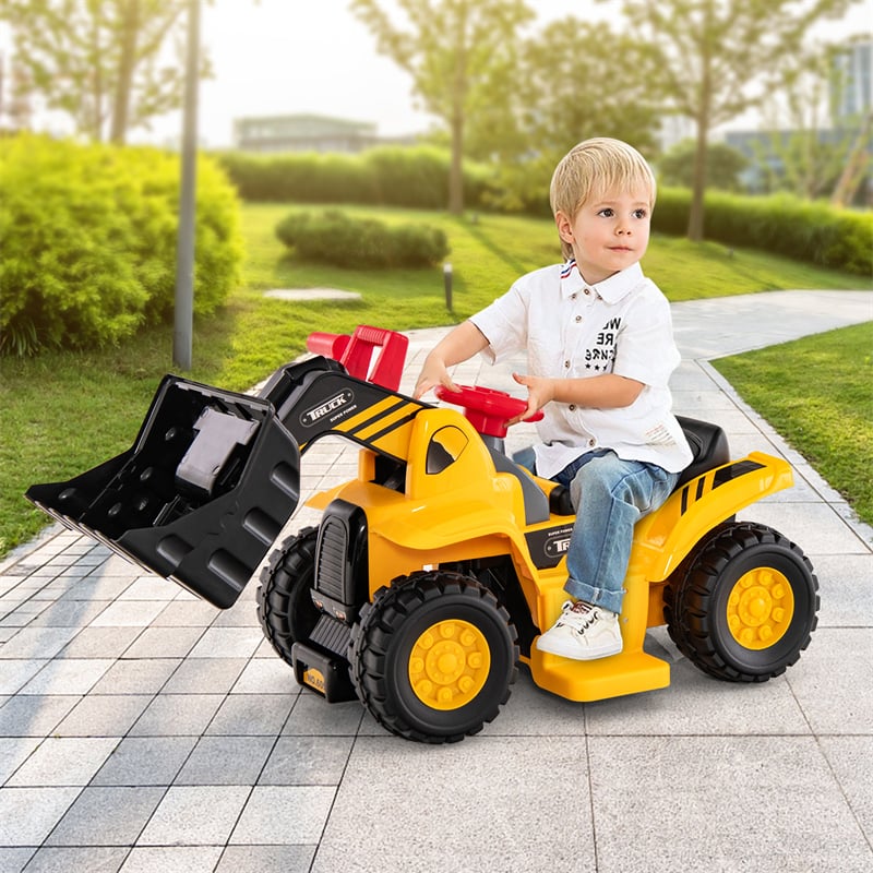6V Electric Kids Ride On Bulldozer Excavator Construction Vehicle Outdoor Digger Scoop Pull Cart with Adjustable Loader Bucket & Underneath Storage