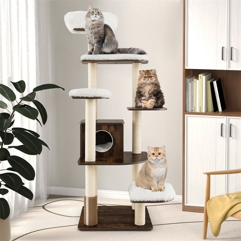 71" Tall Wood Cat Tree Multi-Level Modern Cat Tower with Plush Perch, Cozy Condo, Scratching Posts, Cushions & Cat Self Groomer
