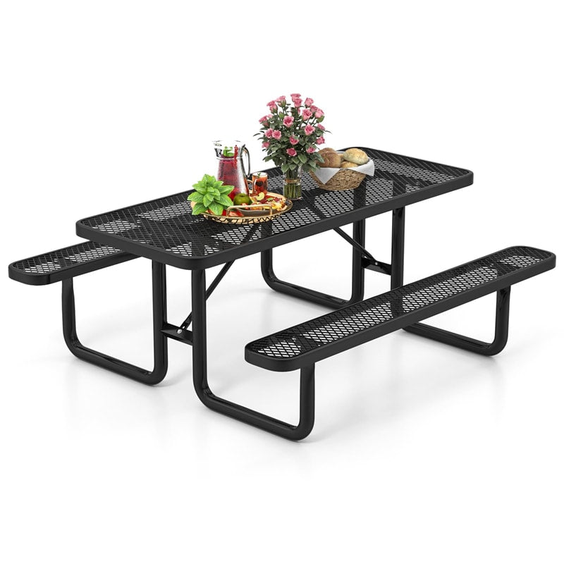 72" Expanded Metal Picnic Table Bench Set for 8, Large Rectangular Outdoor Dining Table Thermoplastic Coated Steel Commercial Picnic Table for Garden Yard