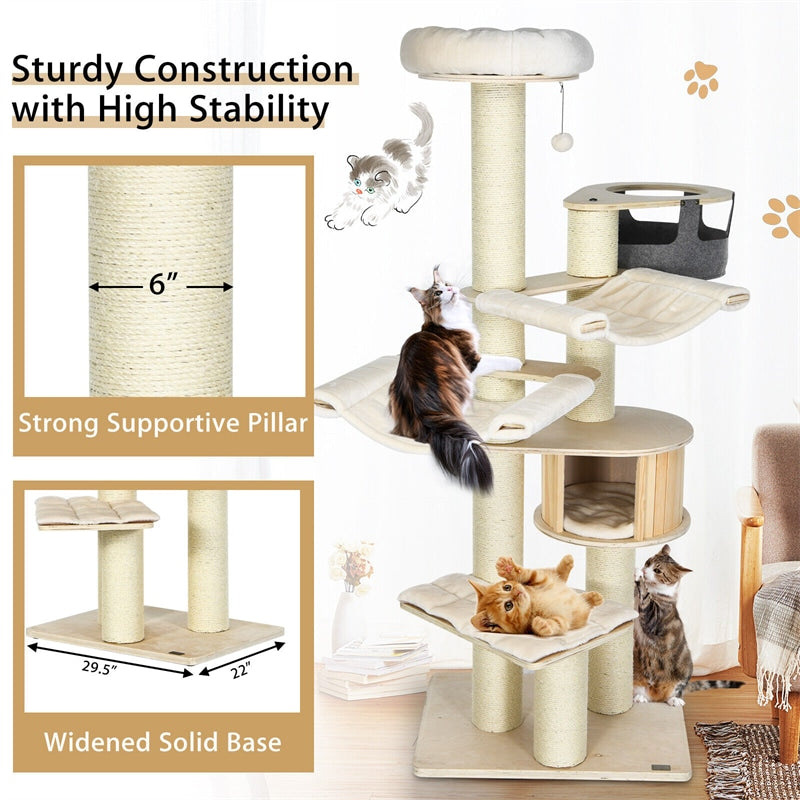 77.5" Tall Modern Cat Tree Multi-Level Large Cat Tower with Cat Condo, Hammocks, Hanging Basket, Scratching Post & Removable Pads