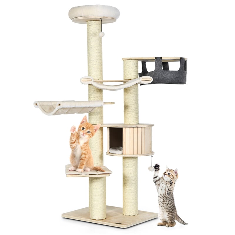 77.5" Tall Modern Cat Tree Multi-Level Large Cat Tower with Cat Condo, Hammocks, Hanging Basket, Scratching Post & Removable Pads