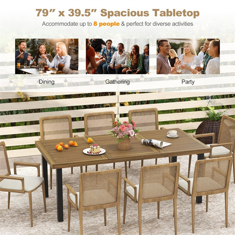 79" Acacia Wood Dining Table 8-Person Patio Table Outdoor Indoor Rectangular Bistro Table with 1.9” Umbrella Hole & Metal Legs