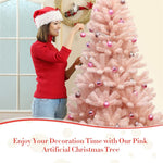 7FT Pink Artificial Christmas Tree Unlit Hinged Spruce Full Xmas Tree with Metal Stand for Indoor & Outdoor Use