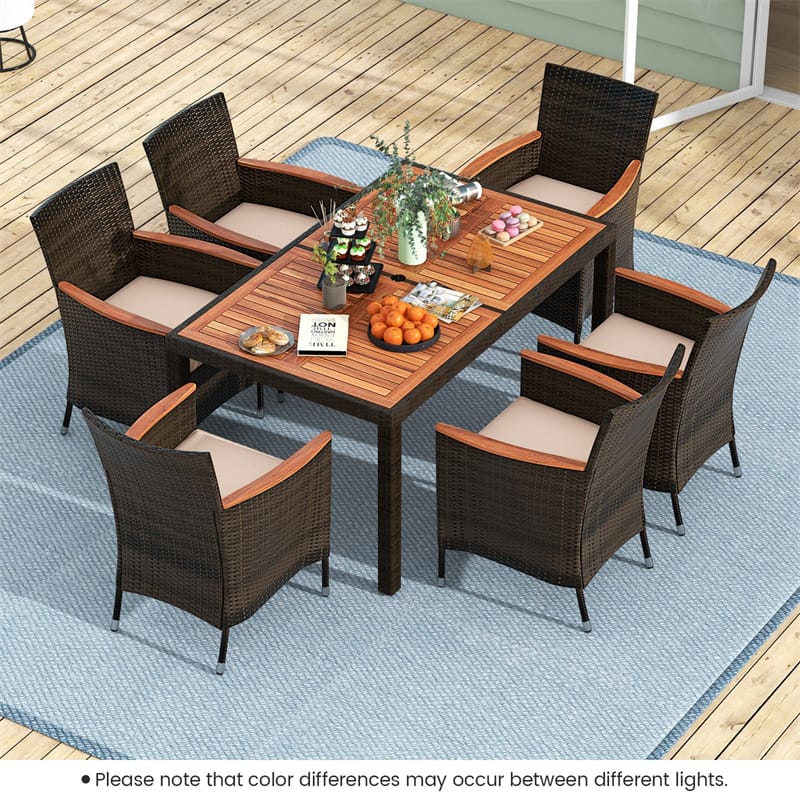 7 Piece Outdoor Wicker Dining Set Patio Rattan Dining Furniture Set with Acacia Wood Table, Umbrella Hole, 6 Stackable Chairs, Cushions