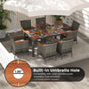 7 Piece Outdoor Wicker Dining Set Patio Rattan Dining Furniture Set with Acacia Wood Table, Umbrella Hole, 6 Cushioned Armchairs