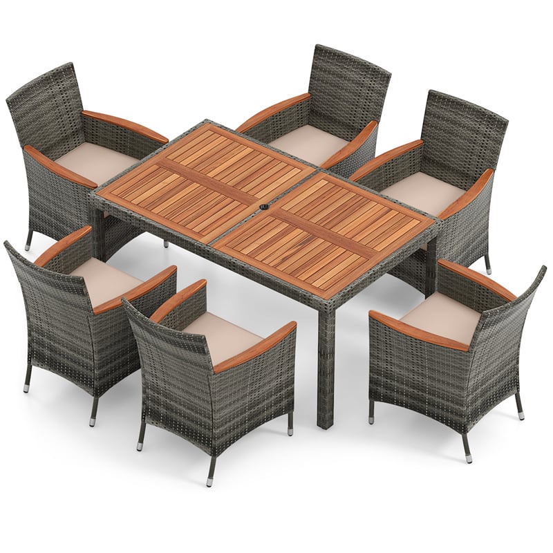 7 Piece Outdoor Wicker Dining Set Patio Rattan Dining Furniture Set with Acacia Wood Table, Umbrella Hole, 6 Cushioned Armchairs