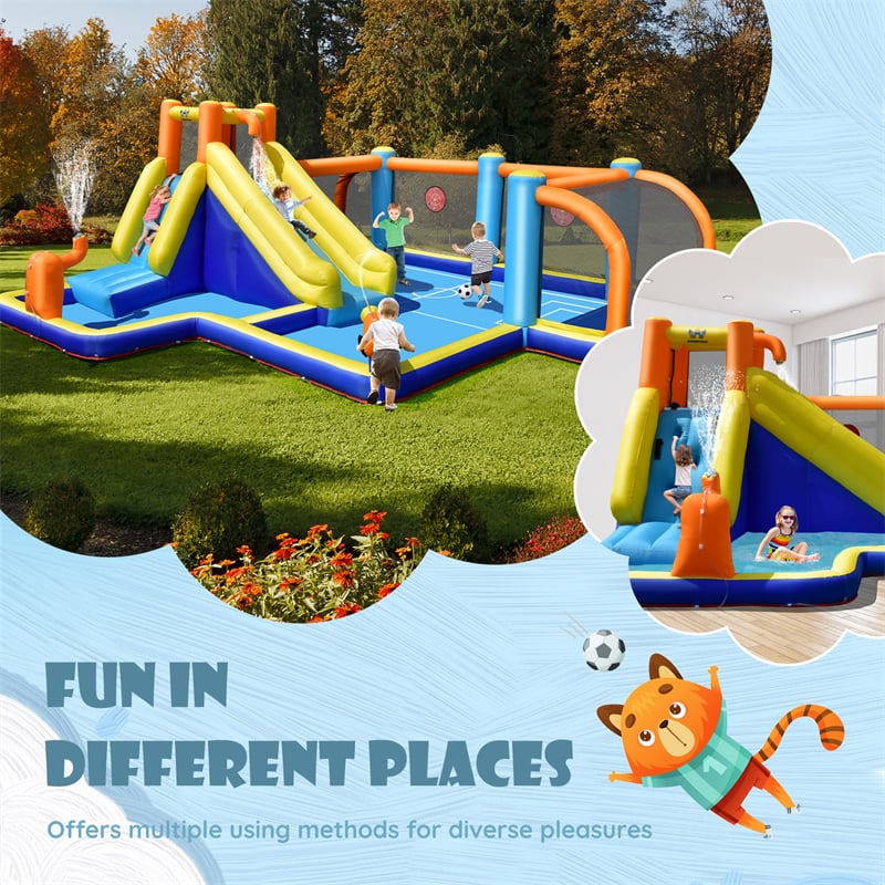 Inflatable Water Slide Bounce House 7-in-1 Water Soccer Giant Waterslide Park with Splash Pool & Climbing Wall with 735W Blower