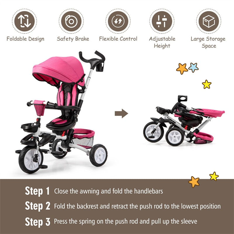 7 in 1 Folding Kids Tricycle Toddler Bike Stroller with Adjustable Canopy Removable Push Handle Rotatable Seat