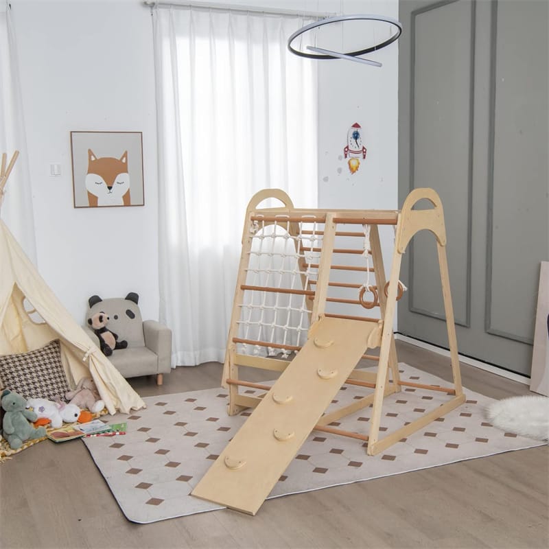 7-in-1 Toddler Climbing Toys Wooden Montessori Kids Indoor Playground Jungle Gym with Slide, Climbing Net & Removable Tent