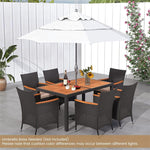 7-Piece Outdoor Dining Set for 6, Patio Conversation Set Rattan Wicker Dining Table Chair Set with Umbrella Hole Acacia Wood Tabletop & Seat Cushions