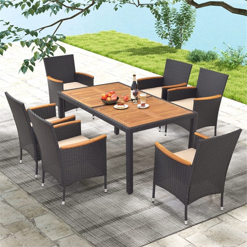 7-Piece Outdoor Dining Set for 6, Patio Conversation Set Rattan Wicker Dining Table Chair Set with Umbrella Hole Acacia Wood Tabletop & Seat Cushions