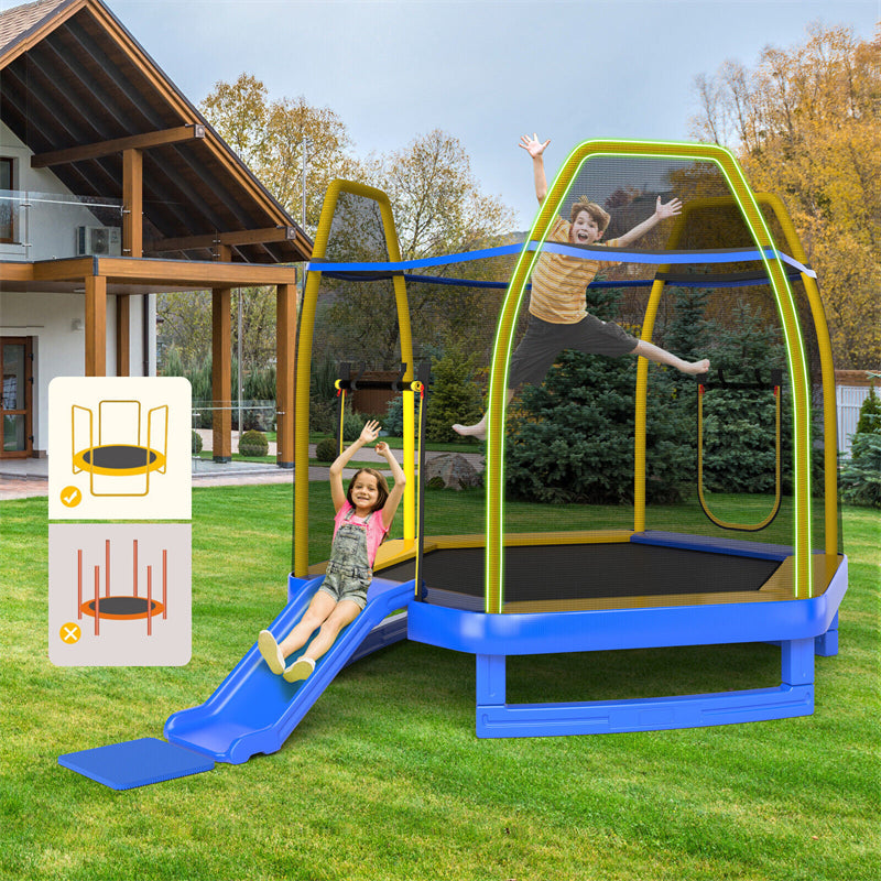 7 FT Kids Recreational Trampoline Outdoor Indoor Toddler Trampoline with Slide Ocean Balls Ladder & Safety Enclosure Net
