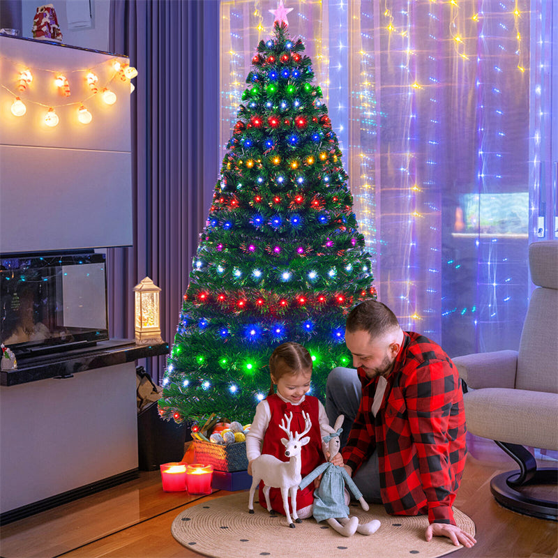 7FT Pre-Lit Fiber Optic Christmas Tree Full Artificial Xmas Tree with Colorful LED Lights, 8 Lighting Modes & Metal Stand