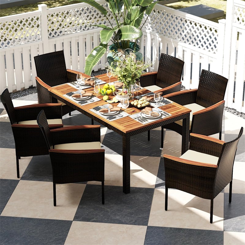 7 Piece PE Rattan Patio Dining Set Acacia Wood Wicker Outdoor Dining Table Set for 6 with Stackable Wicker Chairs, Umbrella Hole & Cushions