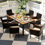 7 Piece Patio Dining Set PE Rattan Outdoor Dining Furniture Set for 6 with Stackable Wicker Chairs, Acacia Wood Table, Umbrella Hole & Seat Cushions