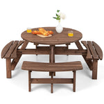 8-Person Wood Picnic Table Bench Set Outdoor Round Picnic Table with Umbrella Hole & 4 Built-in Benches for Garden Yard