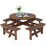 8-Person Wood Picnic Table Bench Set Outdoor Round Picnic Table with Umbrella Hole & 4 Built-in Benches for Garden Yard