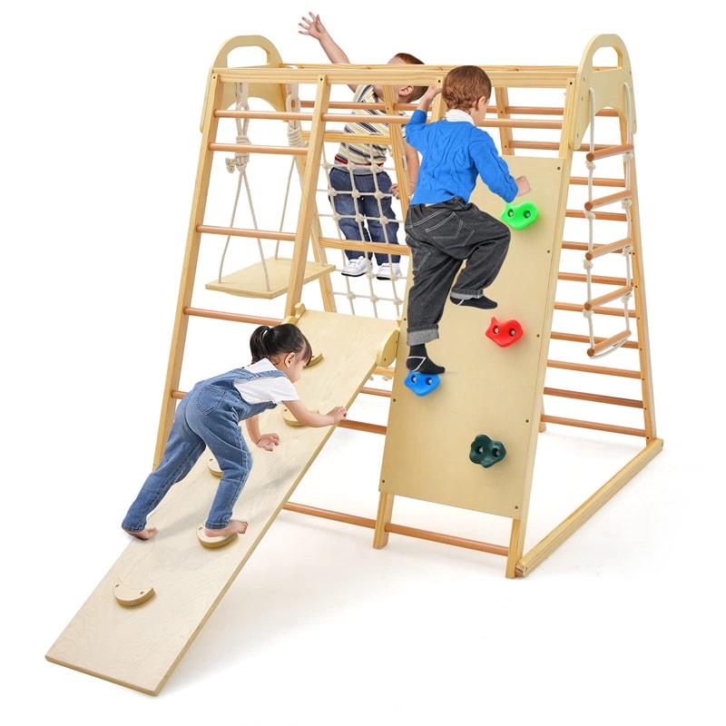 8-in-1 Toddler Climbing Toys Kids Wood Montessori Climber Playset Indoor Playground Jungle Gym with Slide, Swing, Climbing Net & Rope Ladder