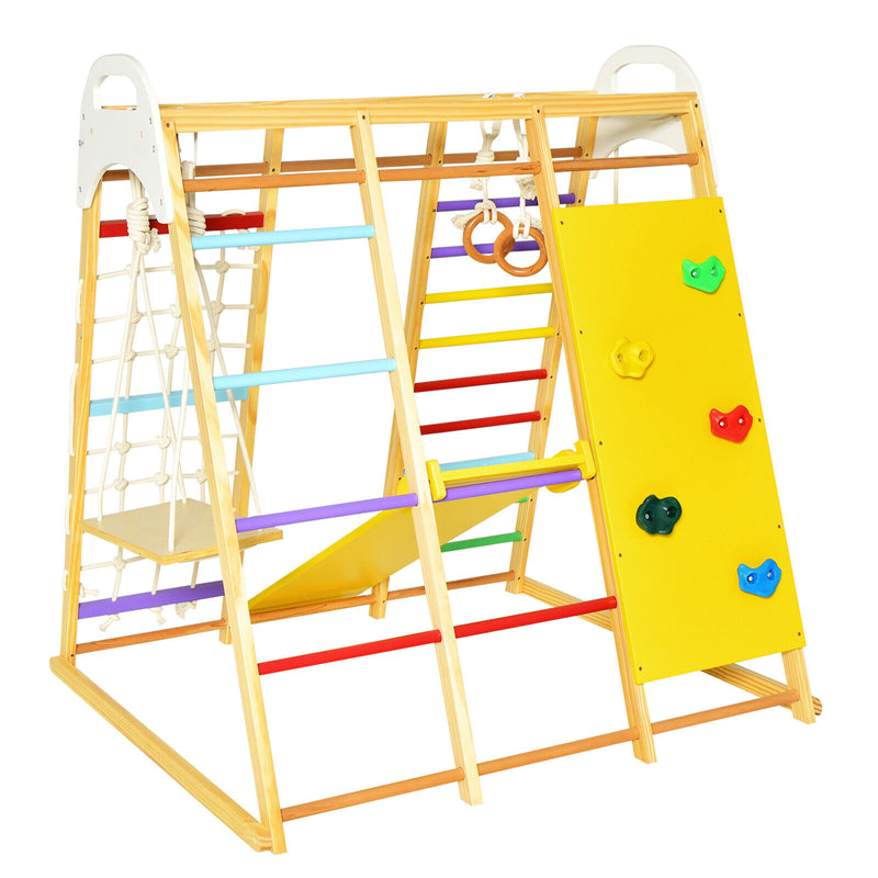 8-in-1 Montessori Toddler Indoor Playground Jungle Gym Wooden Climber Playset Climbing Toys with Slide & Gymnastic Rings