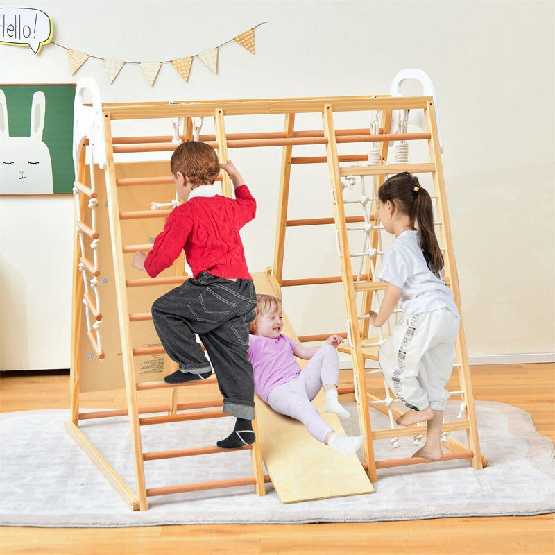 8-in-1 Wooden Montessori Climbing Toys Indoor Jungle Gym with Slide, Gymnastic Rings, Toddler Playground Climber Climber