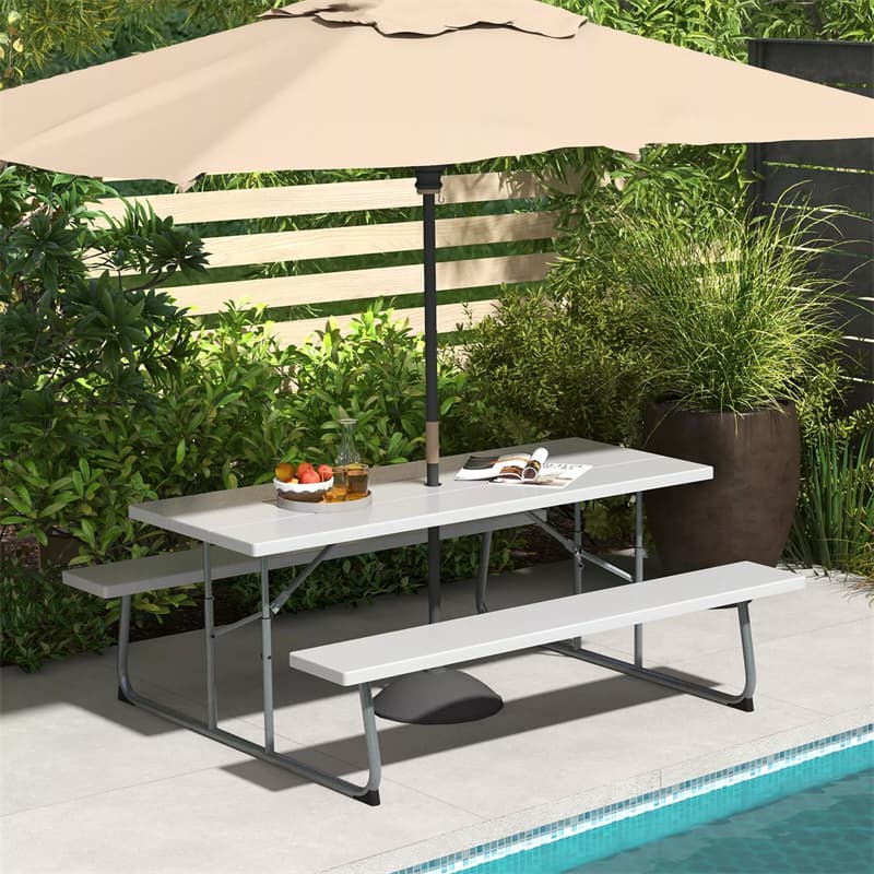 6FT Folding Picnic Table Bench Set 8 Person Large Outdoor Picnic Table with Umbrella Hole, All-Weather HDPE Tabletop & 2 Built-in Benches