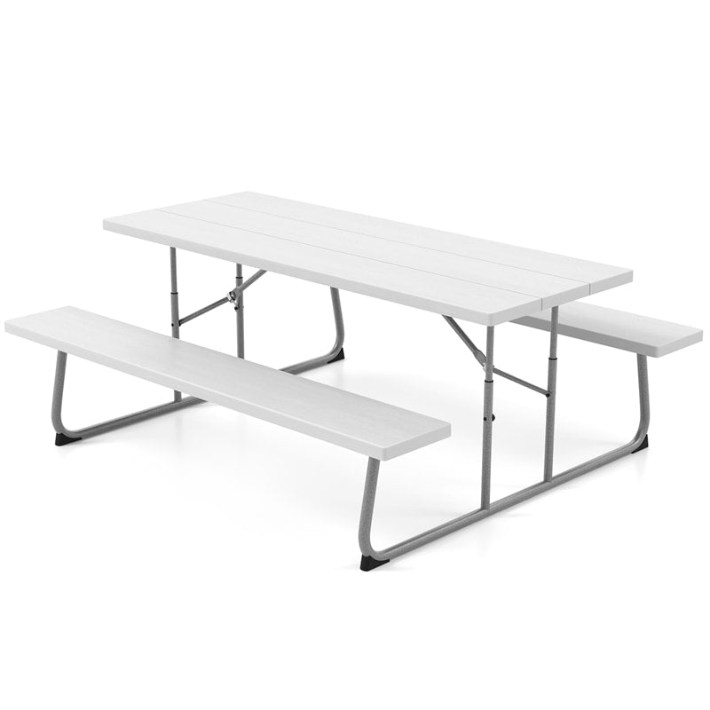 6FT Folding Picnic Table Bench Set 8 Person Large Outdoor Picnic Table with Umbrella Hole, All-Weather HDPE Tabletop & 2 Built-in Benches