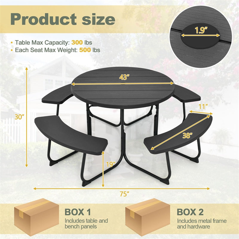 8 Person Picnic Table Bench Set Outdoor HDPE Round Table Metal Frame with 4 Built-in Benches & Umbrella Hole