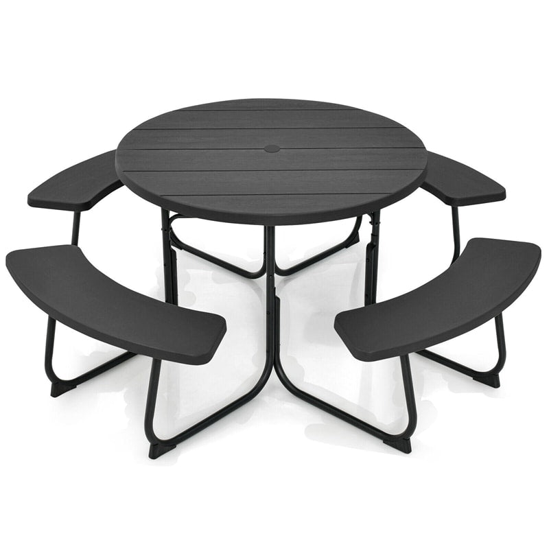 8 Person Round Picnic Table Bench Set Metal Frame HDPE Outdoor Table with 4 Built-in Benches & Umbrella Hole