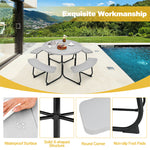 8 Person Round Picnic Table Bench Set Metal Frame HDPE Outdoor Table with 4 Built-in Benches & Umbrella Hole