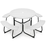 8 Person Picnic Table Bench Set Outdoor HDPE Round Table Metal Frame with 4 Built-in Benches & Umbrella Hole
