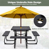 8 Person Square Picnic Table Metal Frame HDPE Tabletop Outdoor Table with 4 Built-in Benches & Umbrella Hole for Garden Backyard