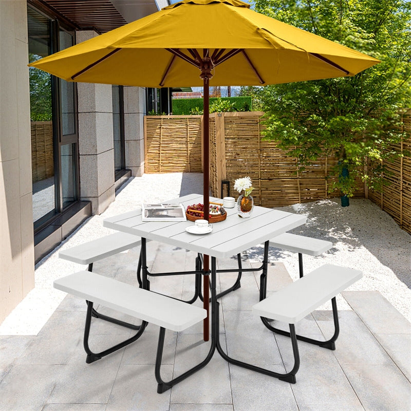8 Person Picnic Table Bench Set Metal Frame Outdoor HDPE Square Picnic Table with 4 Built-in Benches & Umbrella Hole for Garden Backyard