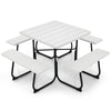 8 Person Picnic Table Bench Set Metal Frame Outdoor HDPE Square Picnic Table with 4 Built-in Benches & Umbrella Hole for Garden Backyard