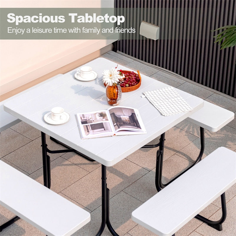 8 Person Square Picnic Table Metal Frame HDPE Tabletop Outdoor Table with 4 Built-in Benches & Umbrella Hole for Garden Backyard
