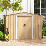 8' x 6' Woodgrain Outdoor Storage Shed Galvanized Steel Garden Tool Shed with Base Floor & Lockable Double Sliding Door