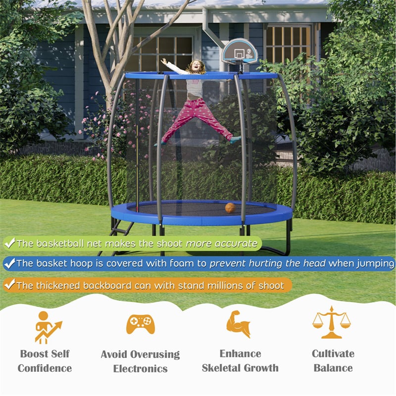 8FT Recreational Trampoline ASTM Approved Large Trampoline with Safety Enclosure Net Ladder Basketball Hoop & Ballpump