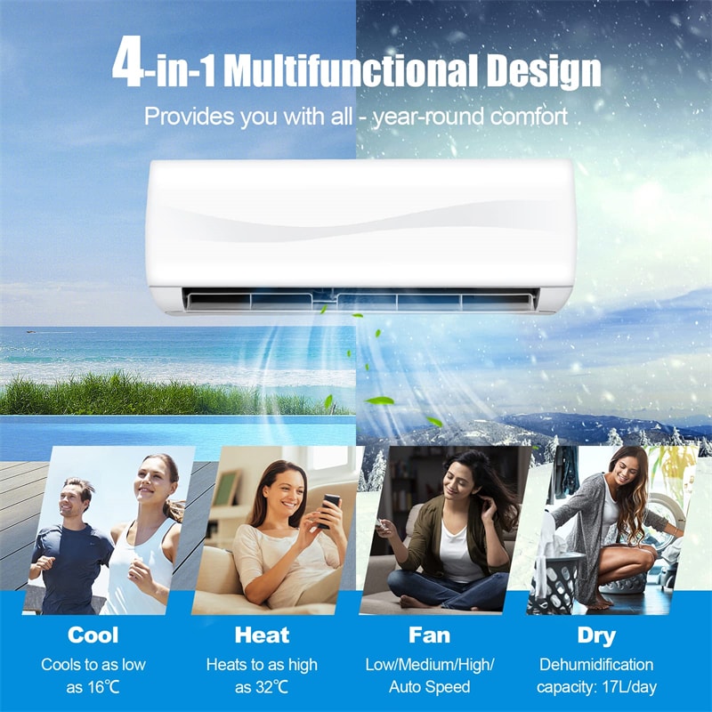 9000 BTU Mini Split Air Conditioner 17 SEER2 208-230V Wall-Mounted Ductless AC Unit with Heat Pump