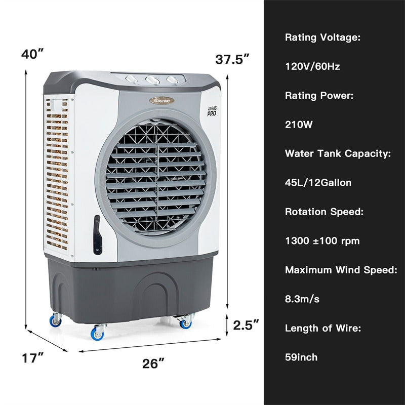 9740 CFM Industrial Evaporative Cooler 4-in-1 Portable Air Cooler Fan Humidifier Purifier with 45L Tank 100°Oscillation & 4 Universal Casters